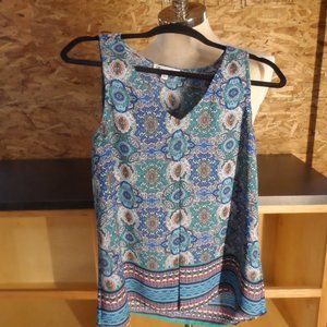 DR2 Boho Sleeveless Turquoise/Blue/Orange Medallion Print Inverted Pleat Size S